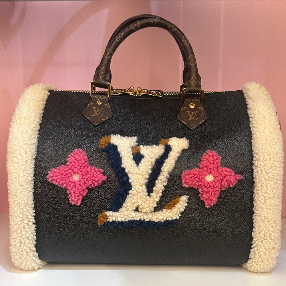 Louis Vuitton Speedy 30 Bandouliere Leather & Monogram Teddy Shearling- Black
